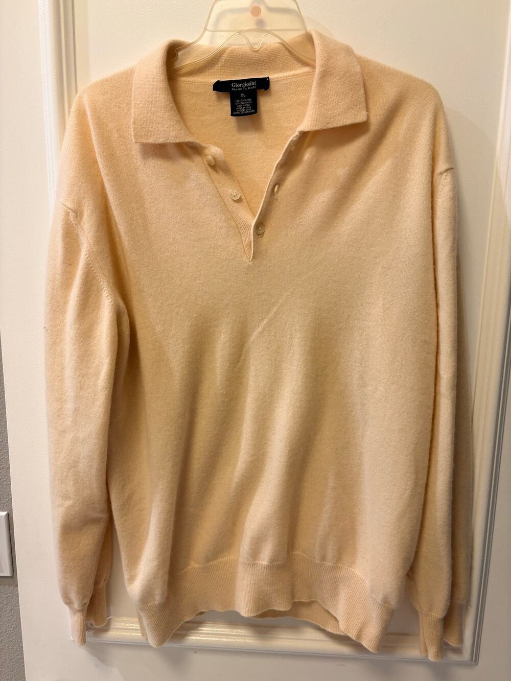 Giorgiolini Italy Men XL Cashmere Polo Sweater Cream Ivory Collared Long Sleeve